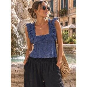 Winston White blue Smocked Eyelet Crop Top Women's Medium